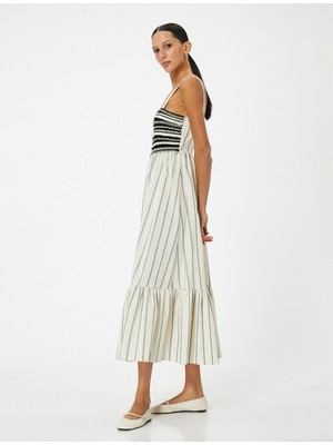 Koton Midi Elbise Askılı Kare Yaka Volanlı Pamuklu Standart Kesim