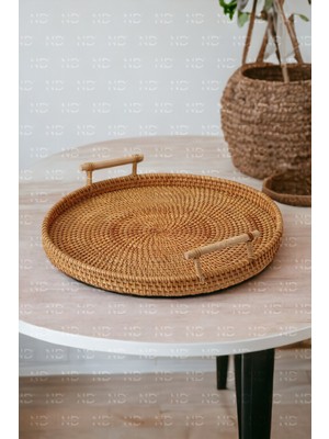 Naturel Home Bohem Rattan Kulplu Hasır Tepsi 35, Iskandinav, Modern