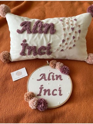 Punch Passion Punch Işlemeli Isimli Kapı Süsü ve Takı Yastığı Takımı,bebek Hediyelik (Iç Dolgusuz)
