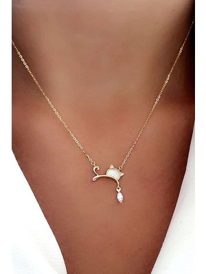 Sedef Taşlı 925ayar Gümüş Üzerine Altın Kaplama Kedi Kolye