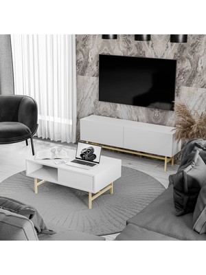 Mezza Set 4022-4222 Verde Gold Metal Ayaklı Tv Ünitesi - Style Orta Sehpa Takımı  Beyaz