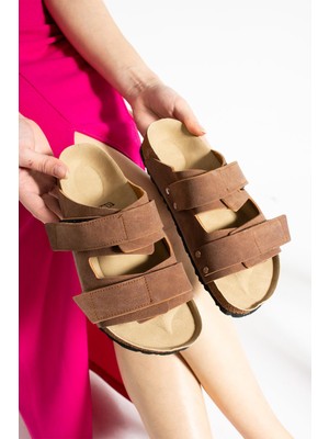 Glenz Kadın Çift Tokalı Cırtlı Mantar Taban Ortopedik Terlik TS1178