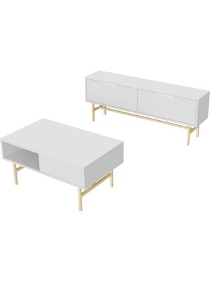 Mezza Set 4032-4222 Nero Gold Metal Ayaklı Tv Ünitesi - Style Orta Sehpa Takımı Beyaz