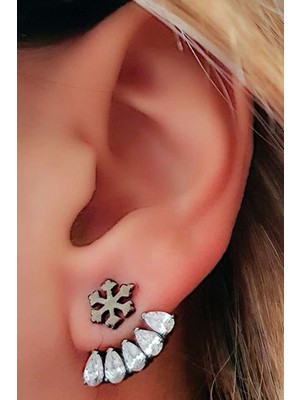 Kar tanesi figürlü siyah rodajli gümüş earcuff cift küpe