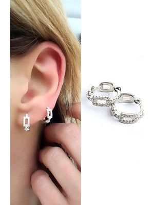 Ose Shop  Zirkon Taş Detaylı 925AYAR Gümüş Italyan Minimal Halka Küpe