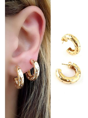 Ose Shop  Zirkon Taş Detaylı 925AYAR Gümüş Üzerine Altın Kaplama Luxury Tasarım Bombeli Halka Küpe