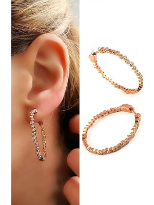 Ose Shop  Zirkon Taş Detaylı 925AYAR Gümüş Üzerine Rose Altın Kaplama Trend Halka Küpe