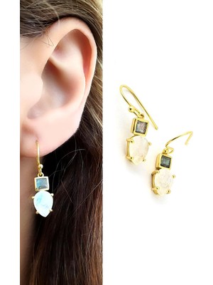 Ose Shop  Labrodorite ve Ay Taşlı 925AYAR Gümüş Üzerine Altın Kaplama Tasarım Doğal Taş Küpe