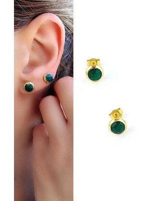 Ose Shop  Kök Zümrüt Taşlı 925AYAR Gümüş Üzerine Altın Kaplama Tasarım Doğal Taş Minimal Küpe