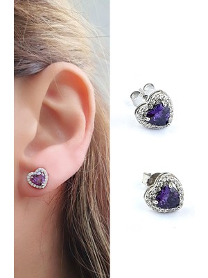 Ose Shop  Mor Ametist Taşlı 925AYAR Gümüş Kalp Küpe