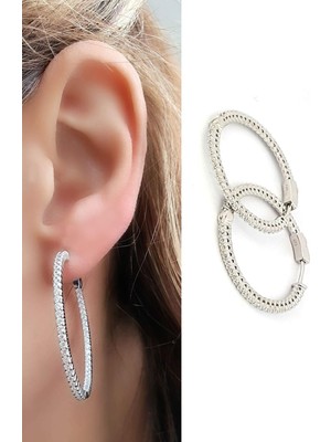 Ose Shop  Italyan 925AYAR Gümüş Içi Dışı Zirkon Taş Detaylı Halka Küpe