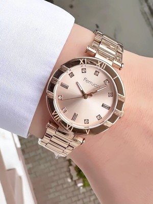 Ferrucci Kadın Rose Taşlı Kadran Metal Kordon Kol Saati - Romen Rakamlı Zarif Çerçeve