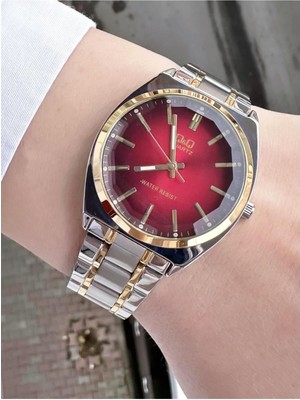 Q&Q Kadın Altın Gümüş Metal Kordon Çift Renkli Çerçeve Çizgi Göstergeli Kırmızı Iç Kadran Şık Kol Saati