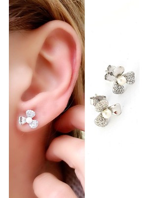 Ose Shop  Incili Zirkon Taşlı 925AYAR Gümüş Italyan Tasarımı Çiçek Küpe