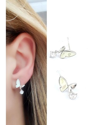 Ose Shop  Sedef Taşlı 925AYAR Gümüş El Işi Tasarım Kelebek Küpe