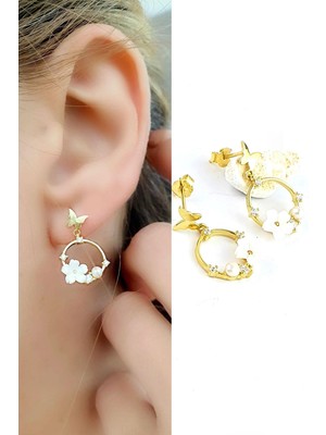 Ose Shop  El Isi Sedef Taşlı 925AYAR Gümüş Üzerine Altın Kaplama Tasarım Manolya Küpe