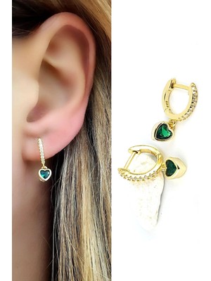 Ose Shop  Yeşil Zirkon Taşlı Kalpli  925AYAR Gümüş Üzerine Altın Kaplama Minimal Sallantili Halka Küpe