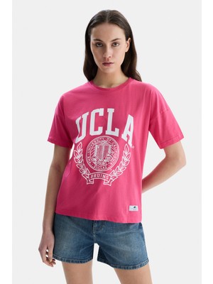 Ucla Avalon Pembe Bisiklet Yaka Baskılı Oversize  Kadın Tshirt