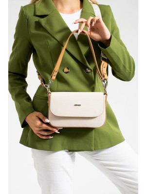 Just Polo Krem Taba Yeni Sezon Lakoste Kumaş 5 Gözlü Kadın Çapraz Omuz Çantası 23X14CM PBU1033