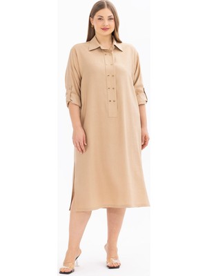 Galaxi Kadın Büyük Beden Katlanabilir Kol Düğmeli Elbise 4008 Camel