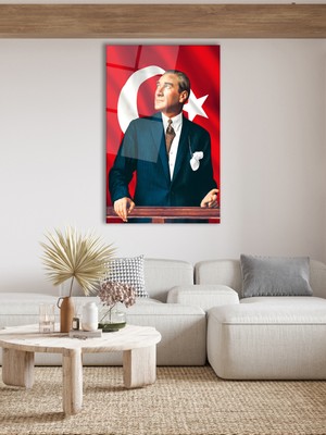 Duvar Sanatı Mustafa Kemal Atatürk ve Türk Bayrağı Dikey Cam Tablo Modern Ev Ofis Salon Hediyelik Büyük Tablo