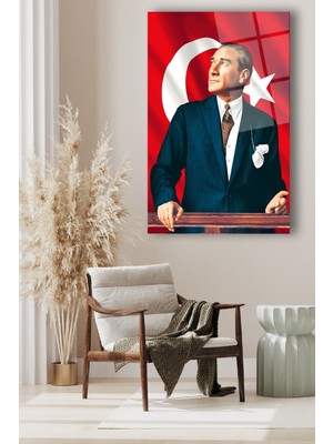 Duvar Sanatı Mustafa Kemal Atatürk ve Türk Bayrağı Dikey Cam Tablo Modern Ev Ofis Salon Hediyelik Büyük Tablo