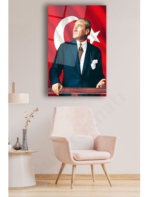 Duvar Sanatı Mustafa Kemal Atatürk ve Türk Bayrağı Dikey Cam Tablo Modern Ev Ofis Salon Hediyelik Büyük Tablo