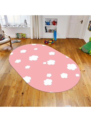 Viyana Home Dijital Baskılı Kaymaz Taban Yıkanabilir Oval Çocuk Odası Oyun Halısı, V-O-Çocuk-08-Pembe,
