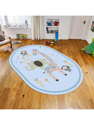 Viyana Home Dijital Baskılı Kaymaz Taban Yıkanabilir Oval Çocuk Odası Oyun Halısı, V-O-Çocuk-21-Mavi,