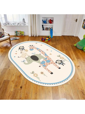 Viyana Home Dijital Baskılı Kaymaz Taban Yıkanabilir Oval Çocuk Odası Oyun Halısı, V-O-Çocuk-21-Krem,