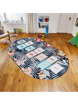 Viyana Home Dijital Baskılı Kaymaz Taban Yıkanabilir Oval Çocuk Odası Oyun Halısı, V-O-Çocuk-28-Lacivert,