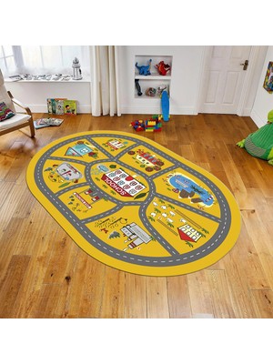 Viyana Home Dijital Baskılı Kaymaz Taban Yıkanabilir Oval Çocuk Odası Oyun Halısı, V-O-Çocuk-02-Sarı,