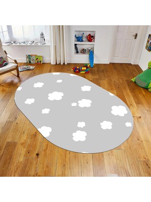 Viyana Home Dijital Baskılı Kaymaz Taban Yıkanabilir Oval Çocuk Odası Oyun Halısı, V-O-Çocuk-08-Gri,