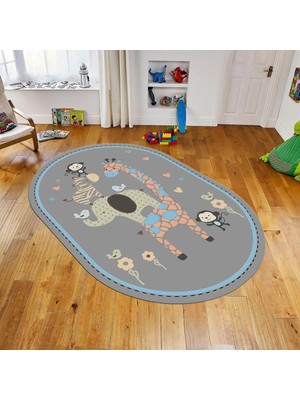Viyana Home Dijital Baskılı Kaymaz Taban Yıkanabilir Oval Çocuk Odası Oyun Halısı, V-O-Çocuk-21-Gri,