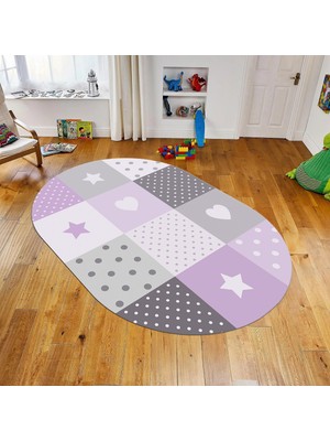 Viyana Home Dijital Baskılı Kaymaz Taban Yıkanabilir Oval Çocuk Odası Oyun Halısı, V-O-Çocuk-10-Mor,