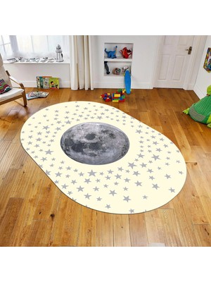 Viyana Home Dijital Baskılı Kaymaz Taban Yıkanabilir Oval Çocuk Odası Oyun Halısı, V-O-Çocuk-27-Krem,
