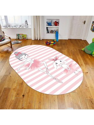 Viyana Home Dijital Baskılı Kaymaz Taban Yıkanabilir Oval Çocuk Odası Oyun Halısı, V-O-Çocuk-09-Pembe,