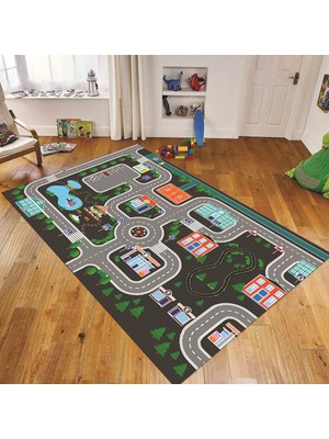 Viyana Home Dijital Baskılı Kaymaz Taban Yıkanabilir Çocuk Odası Oyun Halısı, V-Çocuk-47-Antrasit,