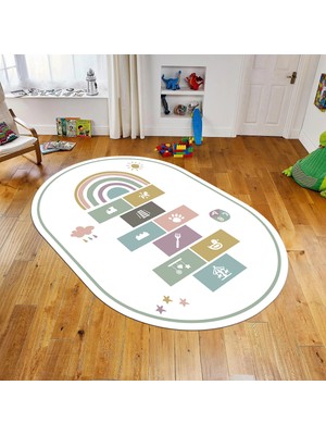 Viyana Home Dijital Baskılı Kaymaz Taban Yıkanabilir Oval Çocuk Odası Oyun Halısı, V-O-Çocuk-31-Beyaz,