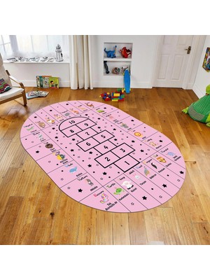 Viyana Home Dijital Baskılı Kaymaz Taban Yıkanabilir Oval Çocuk Odası Oyun Halısı, V-O-Çocuk-36-Pembe,