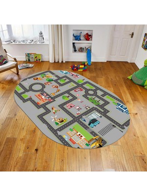 Viyana Home Dijital Baskılı Kaymaz Taban Yıkanabilir Oval Çocuk Odası Oyun Halısı, V-O-Çocuk-20-Gri,