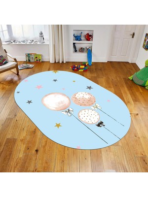 Viyana Home Dijital Baskılı Kaymaz Taban Yıkanabilir Oval Çocuk Odası Oyun Halısı, V-O-Çocuk-24-Mavi,