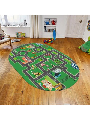 Viyana Home Dijital Baskılı Kaymaz Taban Yıkanabilir Oval Çocuk Odası Oyun Halısı, V-O-Çocuk-20-Yeşil,