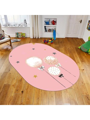 Viyana Home Dijital Baskılı Kaymaz Taban Yıkanabilir Oval Çocuk Odası Oyun Halısı, V-O-Çocuk-24-Pembe,