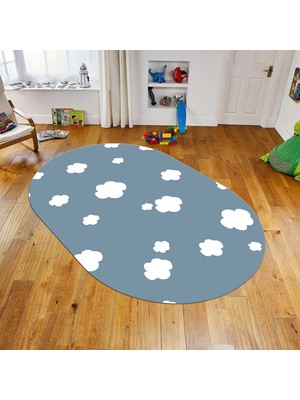 Viyana Home Dijital Baskılı Kaymaz Taban Yıkanabilir Oval Çocuk Odası Oyun Halısı, V-O-Çocuk-08-Mavi,