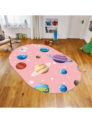 Viyana Home Dijital Baskılı Kaymaz Taban Yıkanabilir Oval Çocuk Odası Oyun Halısı, V-O-Çocuk-38-Pembe,