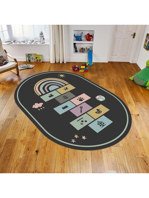 Viyana Home Dijital Baskılı Kaymaz Taban Yıkanabilir Oval Çocuk Odası Oyun Halısı, V-O-Çocuk-31-Antrasit,
