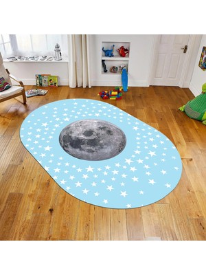 Viyana Home Dijital Baskılı Kaymaz Taban Yıkanabilir Oval Çocuk Odası Oyun Halısı, V-O-Çocuk-27-Mavi,