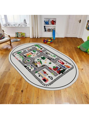 Viyana Home Dijital Baskılı Kaymaz Taban Yıkanabilir Oval Çocuk Odası Oyun Halısı, V-O-Çocuk-46-Gri,