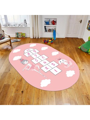 Viyana Home Dijital Baskılı Kaymaz Taban Yıkanabilir Oval Çocuk Odası Oyun Halısı, V-O-Çocuk-04-Pembe,